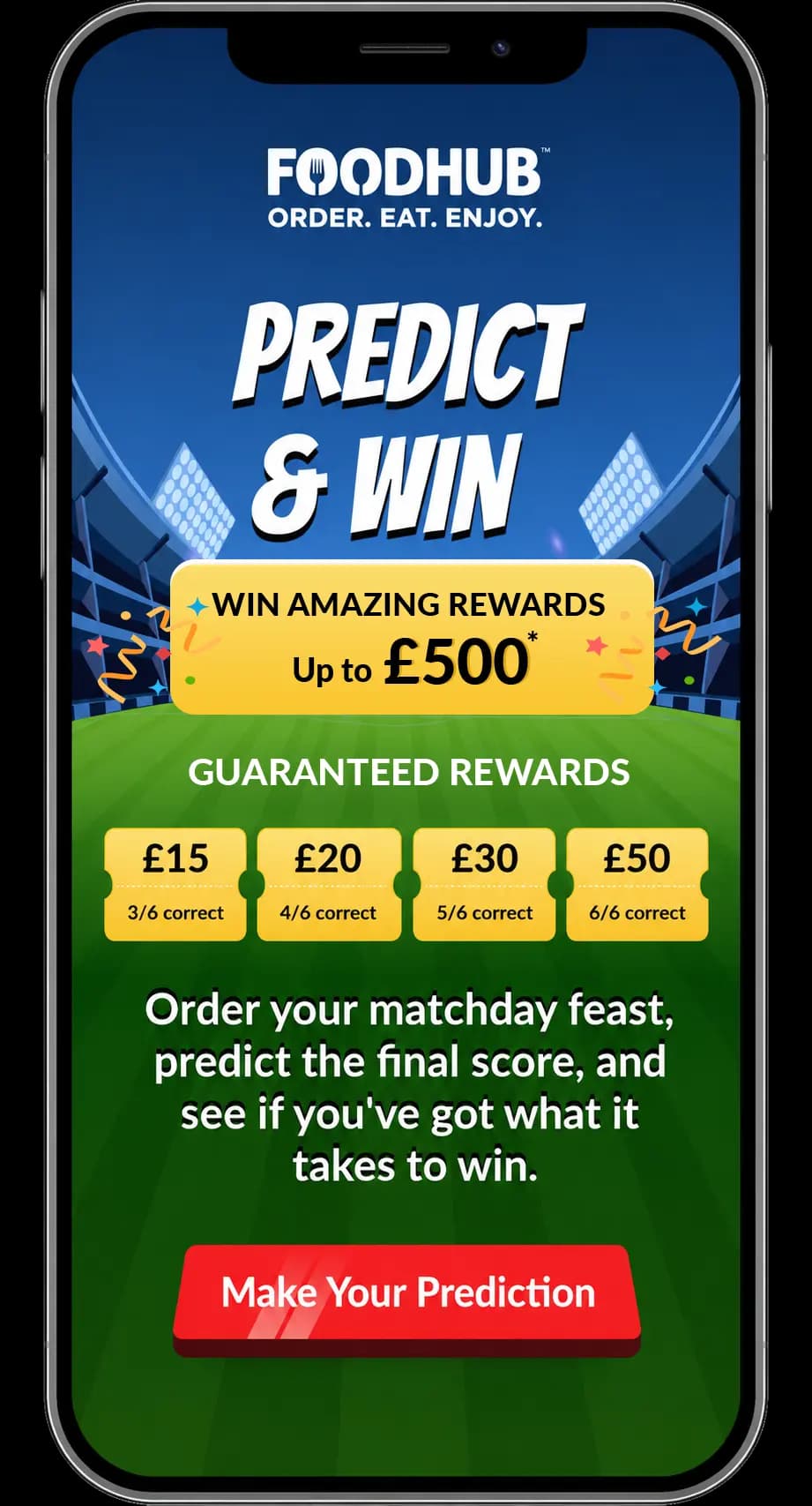 Foodhub Predict and Win App Mockup